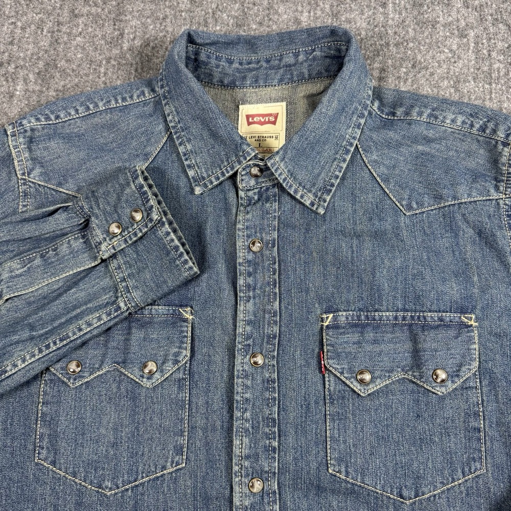 Levi's Men's Western Denim Shirt Size L Blue Snap Button Long Sleeve Cotton